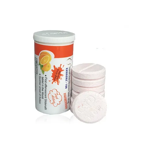 Kamagra 威而鋼發泡錠 100mg 外瓶與錠劑展示